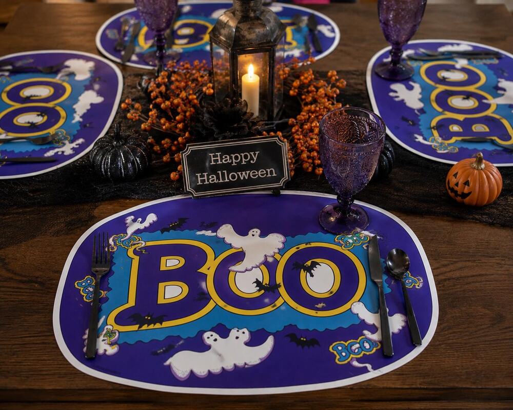 1993 Leshner Halloween Placemats Set, 90s Ghost Bat Vinyl Table Mats (Set of 4)